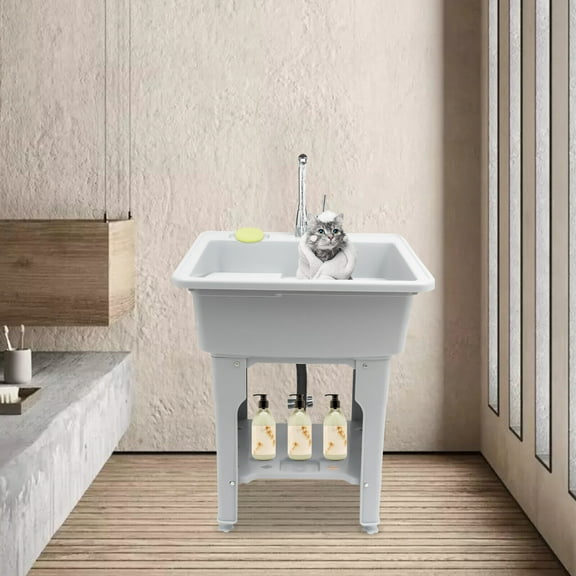 Multifunctional Freestanding Laundry Sink with Washboard, Faucet, and Storage Shelf - Durable PP Material, 31.5" Height, Ideal for Laundry, Bathrooms, and Pet Bathing