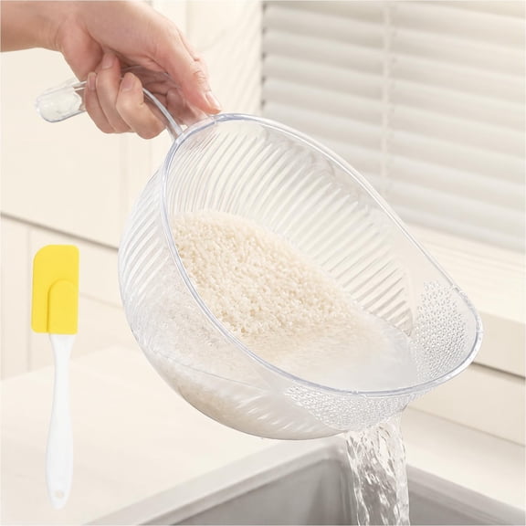 Multifunctional Fruit and Rice Washing Bowl - With Strainer and Handle, Premium Kitchen Strainer with Bonus Silicone Scraper, Perfect for Rinsing Grains, Vegetables and Fruits