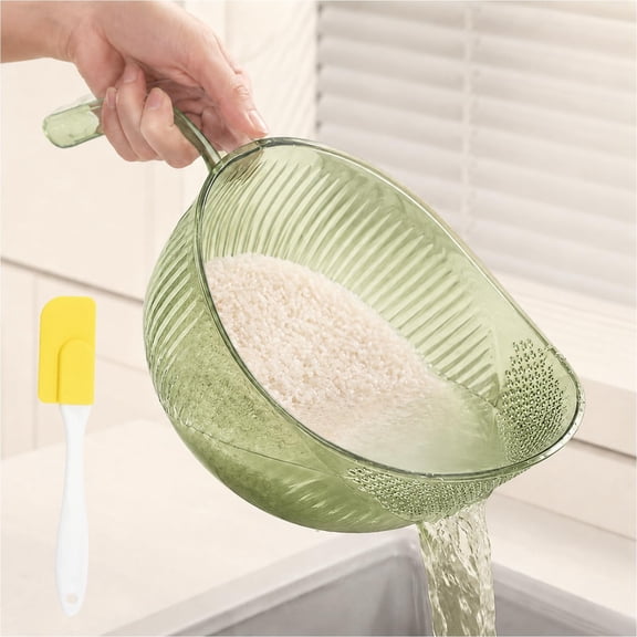 Multifunctional Fruit and Rice Washing Bowl - With Strainer and Handle, Premium Kitchen Strainer with Bonus Silicone Scraper, Perfect for Rinsing Grains, Vegetables and Fruits