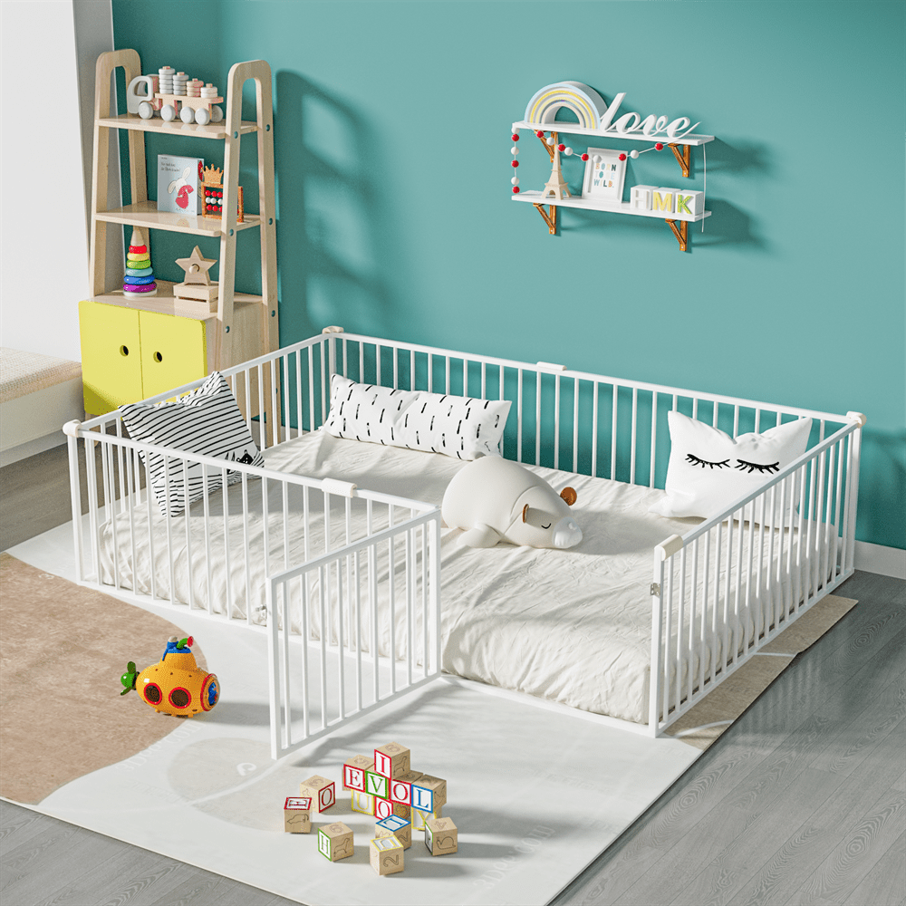 Multifunctional Full Size Floor Bed, Montessori Bedframe with Fence and Door, Metal Floor Bed Frame Bedroom Furniture for Kids Toddlers Boys Girls, No Box Spring Needed, White