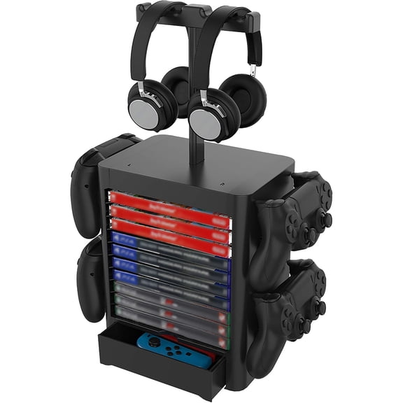 Multifunctional Game Disk Storage Tower Holder for PS5,Game Disk Rack and Controller/Headset Stand Holder Compatible with Xbox Series X/Switch/PS4-Black