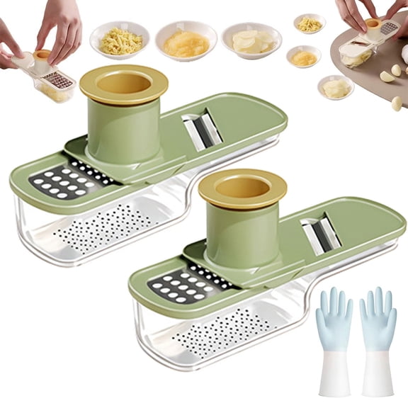 Multifunctional Garlic Grinder, 2 PCS Mini Slicer That Can Grind, 3 In 1 Mini Garlic Grinder Super Thin with Container & Hand Guard for Kitchen Gadgets, Green