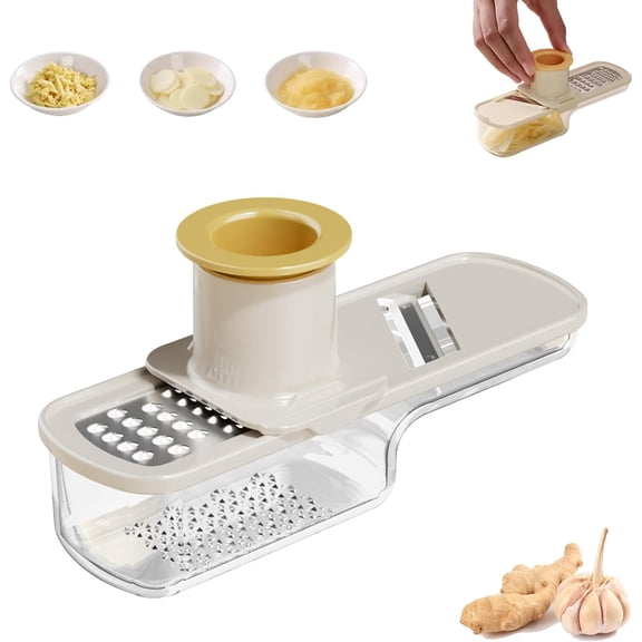 Multifunctional Garlic Grinder Tutuviw 3 in 1 Mini Garlic Slicer Super Thin with Hand Guard Veggie Shredder with Container Garlics Ginger Grind Slice / Shred Mandoline Cutter for Kitchen Tool (White)