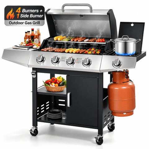 Seizeen 4 Burner Gas Grill with Side Burner, 50,000 BTU Stainless Steel BBQ Grill with Side Shelf, Tank Hook, Towel Rack & Bottle Opener, Outdoor Patio Propane Grill for Backyard, Camping