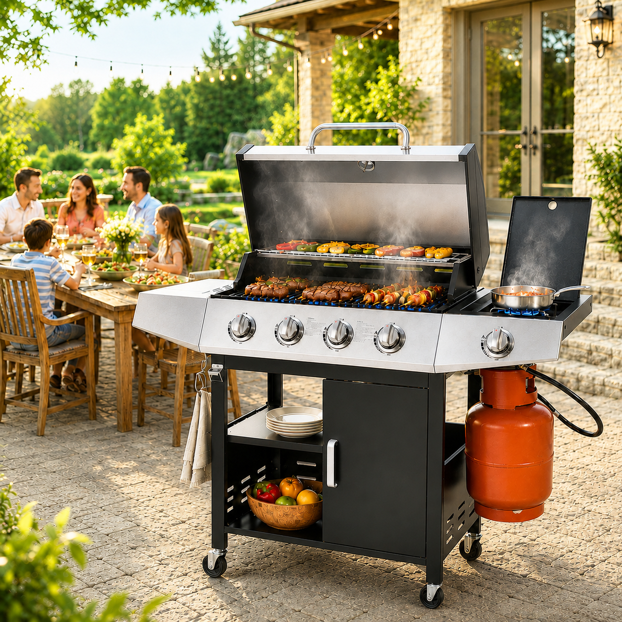 Seizeen 4 Burner Gas Grill with Side Burner, 50,000 BTU Stainless Steel BBQ Grill with Side Shelf, Tank Hook, Towel Rack & Bottle Opener, Outdoor Patio Propane Grill for Backyard, Camping