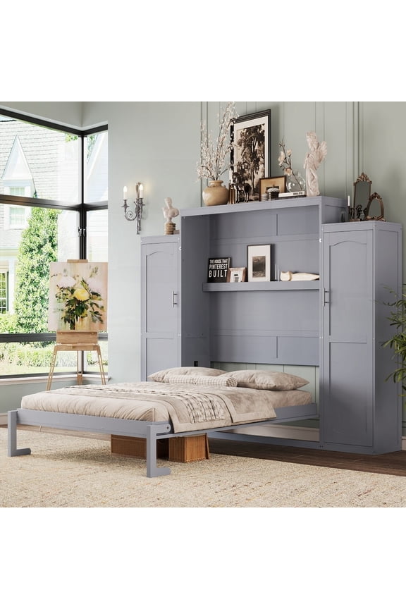 Multifunctional Gray Queen Murphy Bed - 2 Wardrobes & Storage Shelf, Foldable for Guest Room