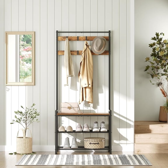 Multifunctional Hall Tree Coat Rack with Bench, 8 Movable Hooks and Shoe Storage, Freestanding Metal Frame Organizer for Entryway Hallway or Living Room, Rustic Brown