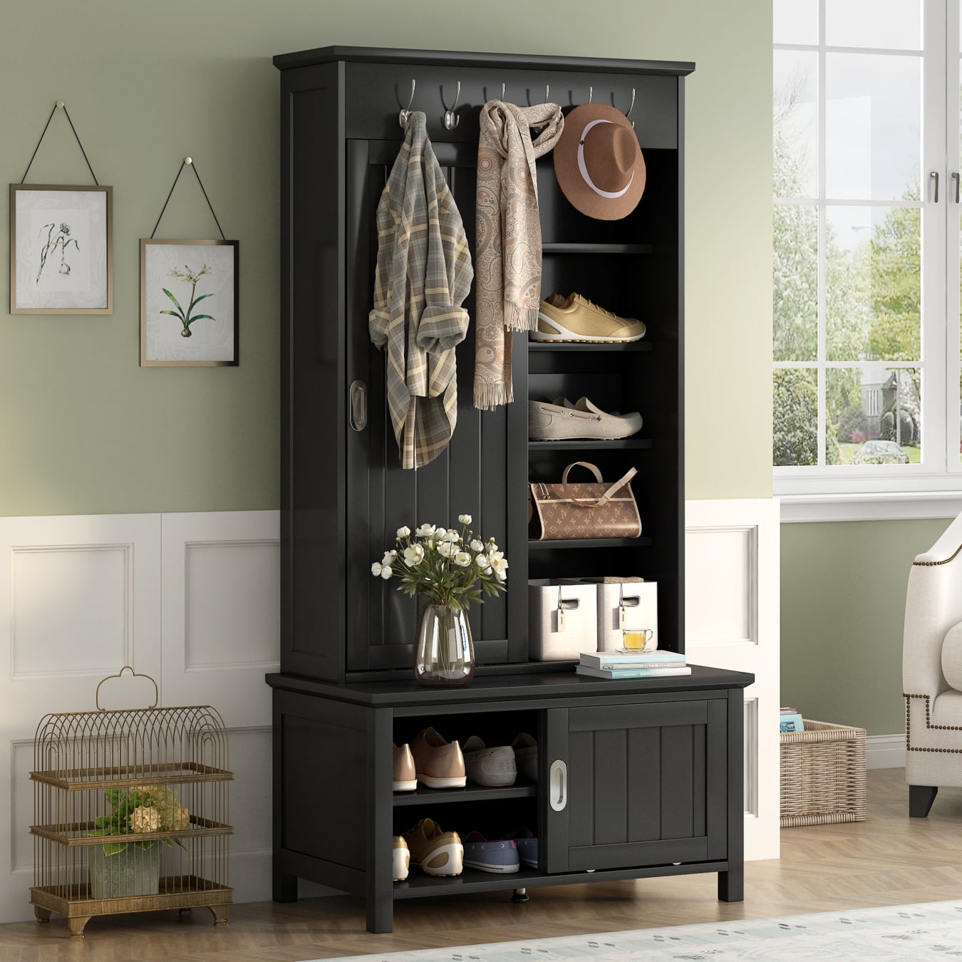 70 Wooden Hall Tree with Sliding Doors Mudroom Coat Rack with Adjustable Shelves and Hanging Hooks Shoe Cabinet with Storage Bench for Hallway