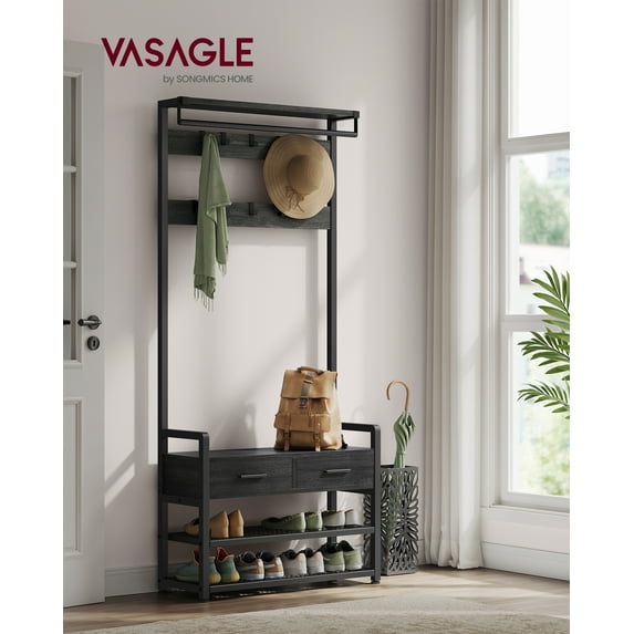 VASAGLE Hall Tree with Bench and Shoe Storage, Entryway Coat Rack with Shoe Bench, 2 Fabric Drawers, 10 Hooks, 11.8 x 31.7 x 71.5 Inches, Stone Gray and Ink Black