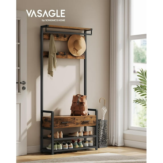 VASAGLE Hall Tree with Bench and Shoe Storage, Entryway Coat Rack with Shoe Bench, 2 Fabric Drawers, 10 Hooks, 11.8 x 31.7 x 71.5 Inches, Vintage Brown and Ink Black