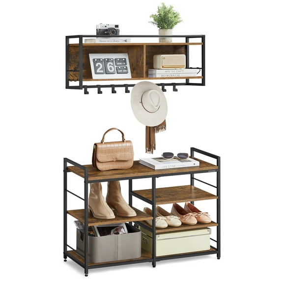 Multifunctional Hall Tree with Shoe Bench, 12 Metal Hooks & 4-Tier Shoe Rack, Rustic Brown