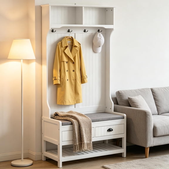 Multifunctional Hall Tree with Storage Bench,4 Hooks, 2 Drawers & Shoe Shelf, Modern Entryway Coat Rack Stand for Living Room, Mudroom,White + Gray)
