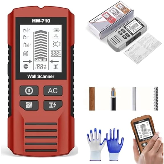 Multifunctional Handheld Metal & Wall Detector, 5 in 1 Stud Finder Scanner with HD LCD Display, Portable Wire Pipe Power Scanner, Accurate Positioning, for Detecting Metal, Cables & Wood (Red)