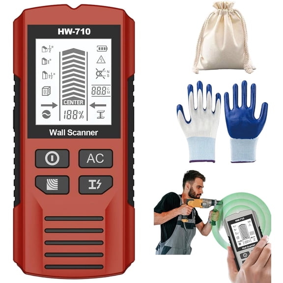 Multifunctional Handheld Metal & Wall Detector, 5 in 1 Stud Finder Scanner, Portable Wire Pipe Power Scanner, HD LCD Display and Audio Alarm, Suitable for Detecting Metal, Cables, Wood (Red)