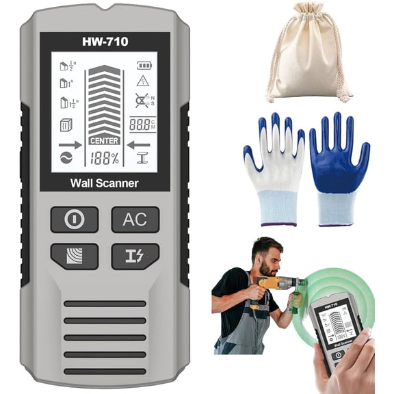 Multifunctional Handheld Metal & Wall Detector, 5 in 1 Stud Finder Scanner, Portable Wire Pipe Power Scanner, HD LCD Display and Audio Alarm, Suitable for Detecting Metal, Cables, Wood (Silver)