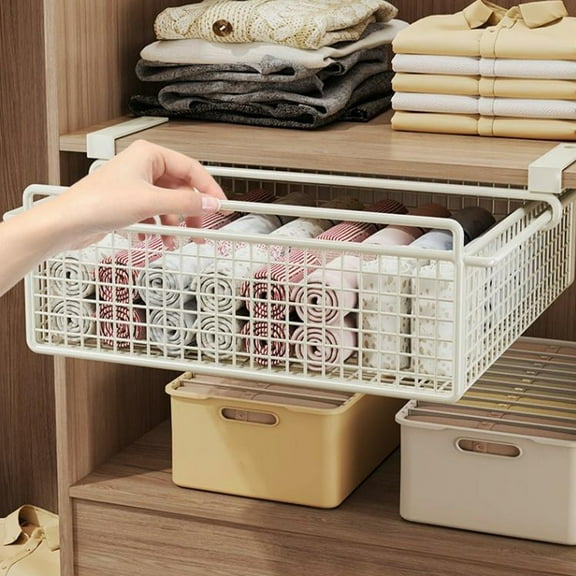 Multifunctional Hanging Pullout Drawer Cabinet Organizing Bin, Under Shelf Storage Basket, Metal Clothing Pull Out Basket, Nail Free Cabinet Clothes Pants Storage Box