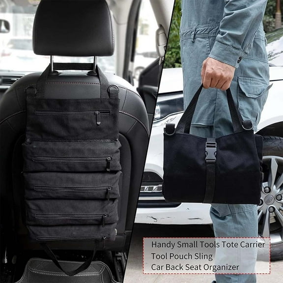 Multifunctional Hardware Tool Roll Bag for Garden Electrician Woodworking Canvas Roll Up Tool Organizer with Zipper Pockets Car Mounted Tool Storage for Wrench Socket Screwdriver Large Capacity