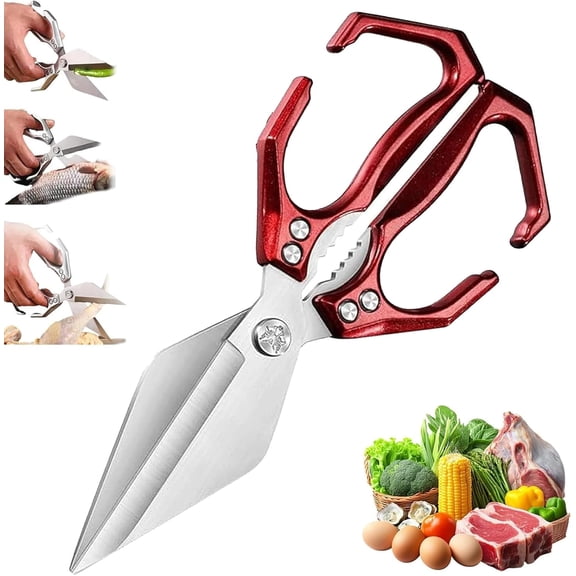 Multifunctional Heavy-Duty Kitchen Shears, 2 in 1 Multifunctional Heavy-Duty Kitchen Shears, Japanese High-Carbon Steel Scissors, 3Cr13 Stainless Steel Scissors, for Chicken, Bone, Seafood Cut(Red)