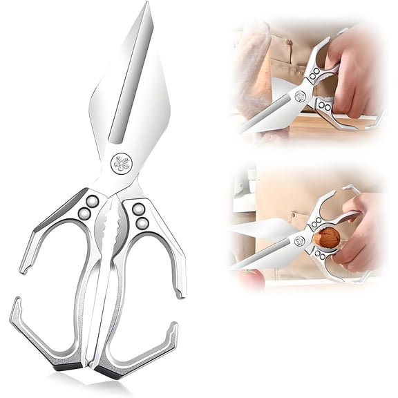 Multifunctional Heavy-Duty Kitchen Shears, Stainless Steel Food Scissors (Silver)