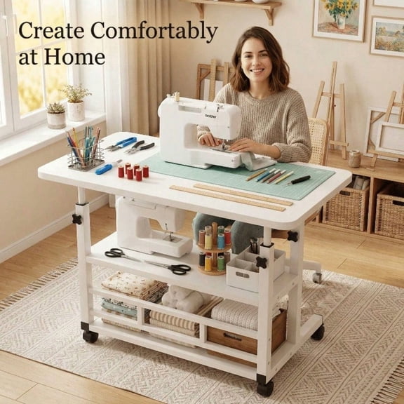 Multifunctional Height Adjustable Mobile Craft and Storage Table, Craft Workstation with 4 360° Silent Casters and Double Shelves, Multi-Purpose Work Table for Bedrooms
