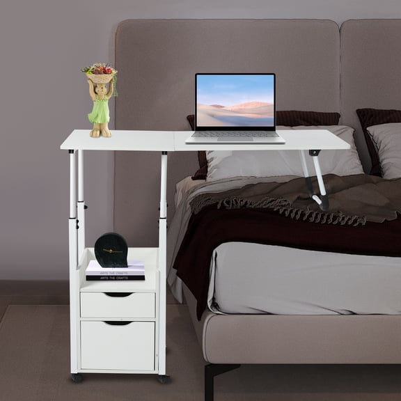 Multifunctional Height Adjustable Overbed End Table Wooden Nightstand with Wheels, Storage Drawers, Wheels and Open Shelf