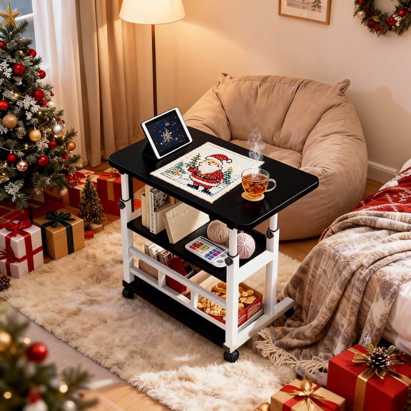 Multifunctional Height-Adjustable Rolling Side Table, Portable Movable Sofa or Entryway Table with Handmade Diamond Painting Design, Ideal for Bedroom, Living Room, or Party Decor