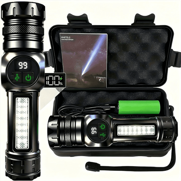 Multifunctional High Brightness Rechargeable LED Flashlights with Powerful Handheld Torch, Perfect for Emergencies, Camping, and Outdoor Adventures, Includes 6 Light Modes, COB Side Light, USB C