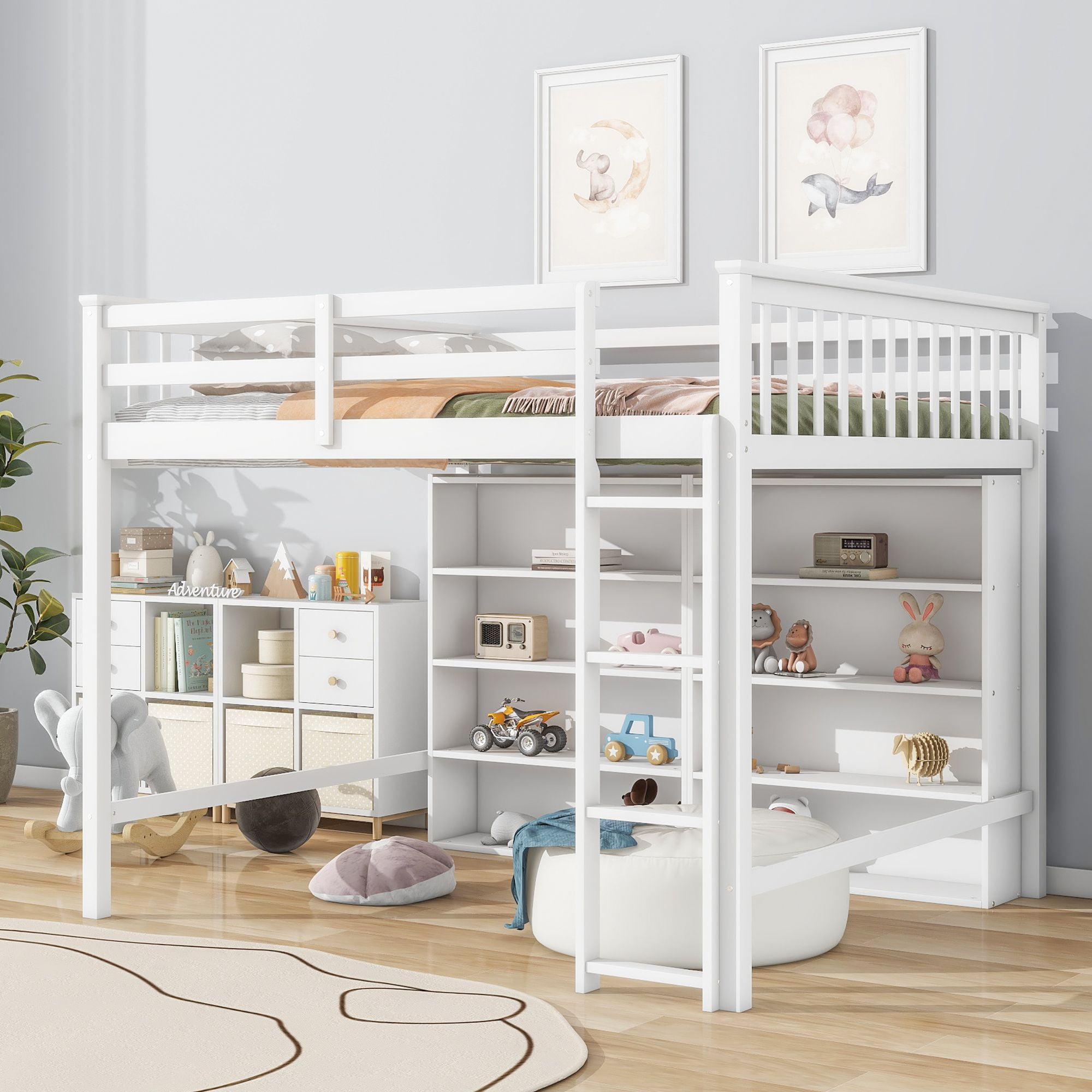 Multifunctional High Loft Bed with 8 Open Storage Shelves and Built-in ...