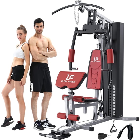 Multifunctional Home Gym 138lb Weight Stack Machine with Pulley System, Arm Press Frame, Leg Developer, Power Tower and Stepper, Dual Station Workout System for Total Body Training