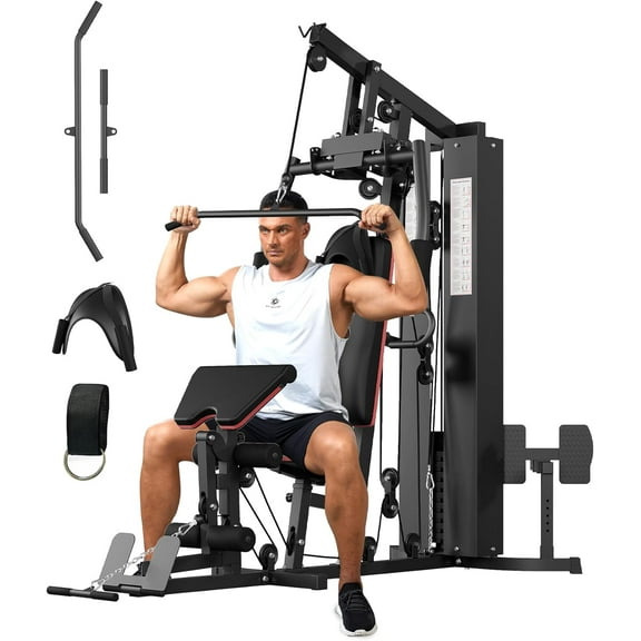 Multifunctional Home Gym Equipment, Home Gym Station with Pulley System, 150LBS Weight Stack Exercise Machine for Full Body Strength Training