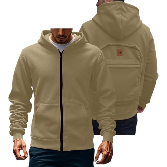 Multifunctional Hoodie Jacket for Men Long Sleeve Solid Zip Up Built In Backpack Cardigan Coat with Pockets Khaki XL