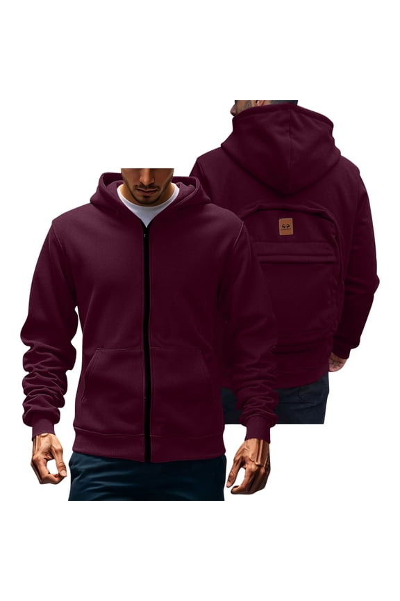 Multifunctional Hoodie Jacket for Men Long Sleeve Solid Zip Up Built In Backpack Cardigan Coat with Pockets Wine S