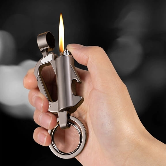 Multifunctional Keychain Lighter with Bottle Opener, Windproof Grinding Wheel Kerosene Lighter for Outdoor Camping Hiking Survival Gear, Portable Keyring Accessory for Men