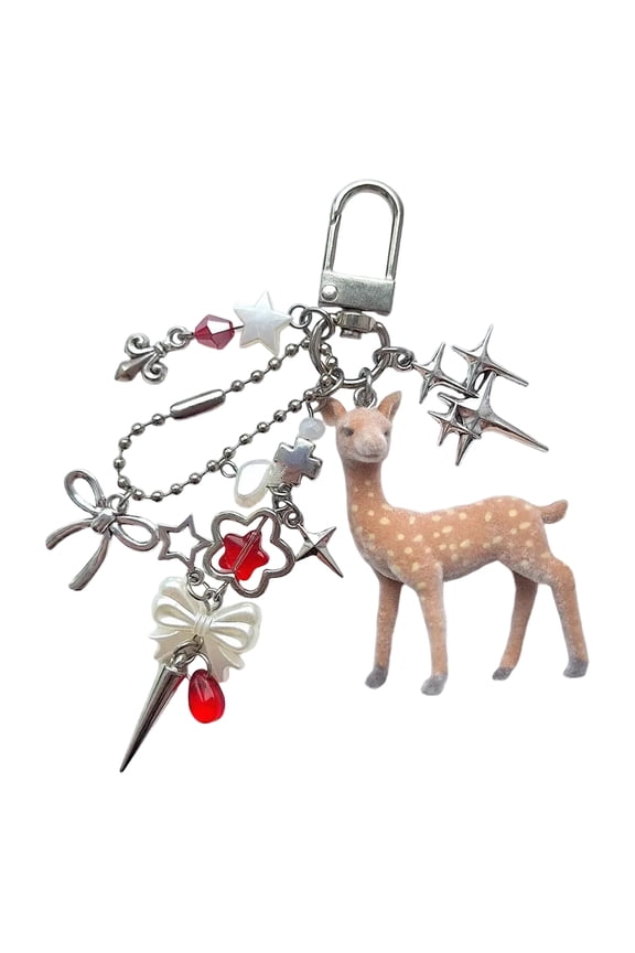 Multifunctional Keychain with Flocking Deer Shape and Beaded Decoration for Keys Bags or Daily Carry Items