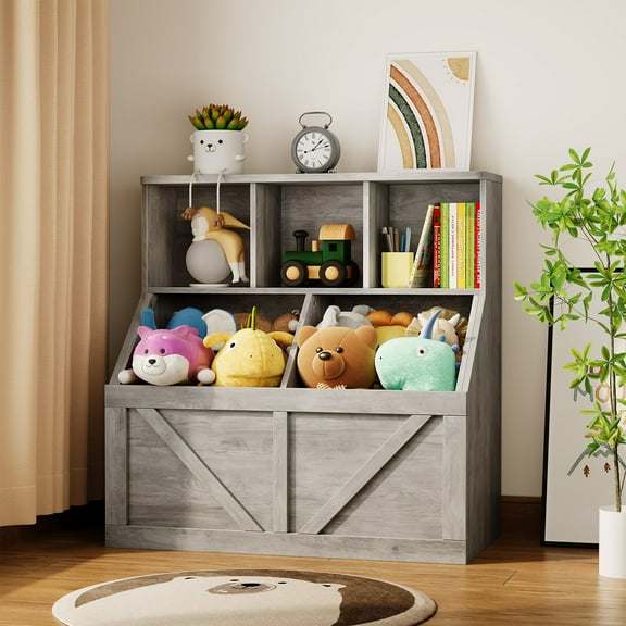 Multifunctional Kids Bookshelf Spacious Cabinet for Playroom, Bedroom, Nursery, Study Area – Safe Toddler Bookcase & Toy Shelf –Grey