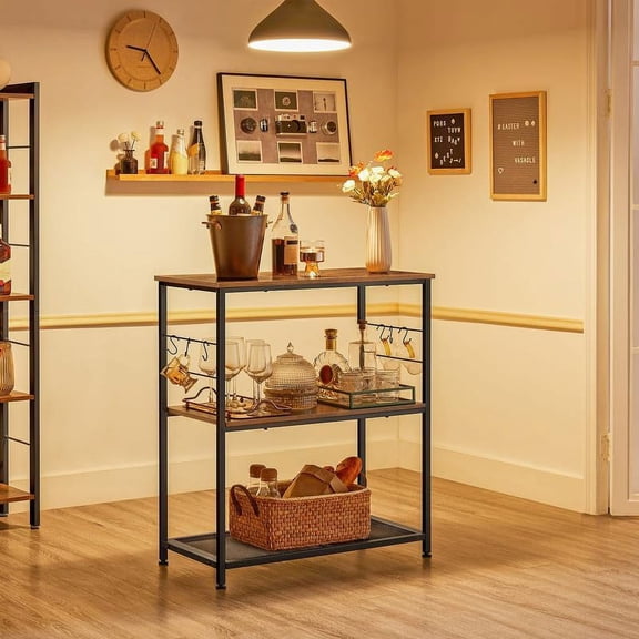 Multifunctional Kitchen Bakers Rack & Island, Microwave Stand with 3 Open Shelves, 6 Hooks & Metal Frame, Industrial Style Storage Shelf, 15.7x31.5x35.4 Inches, Rustic Brown & Black