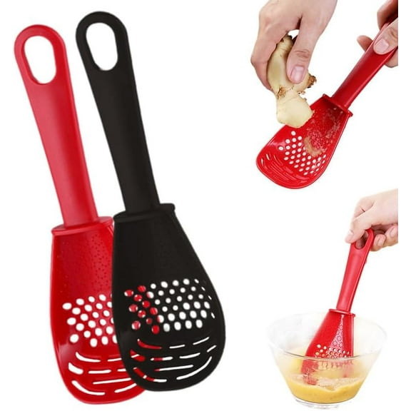 Multifunctional Kitchen Cooking Spoon, Heat Resistant Kitchen Utensils Slotted Spoon, Small Silicone Spoon Tool for Cooking, Draining, Mashing, Grating, Separating (Red+Black,2PCS)