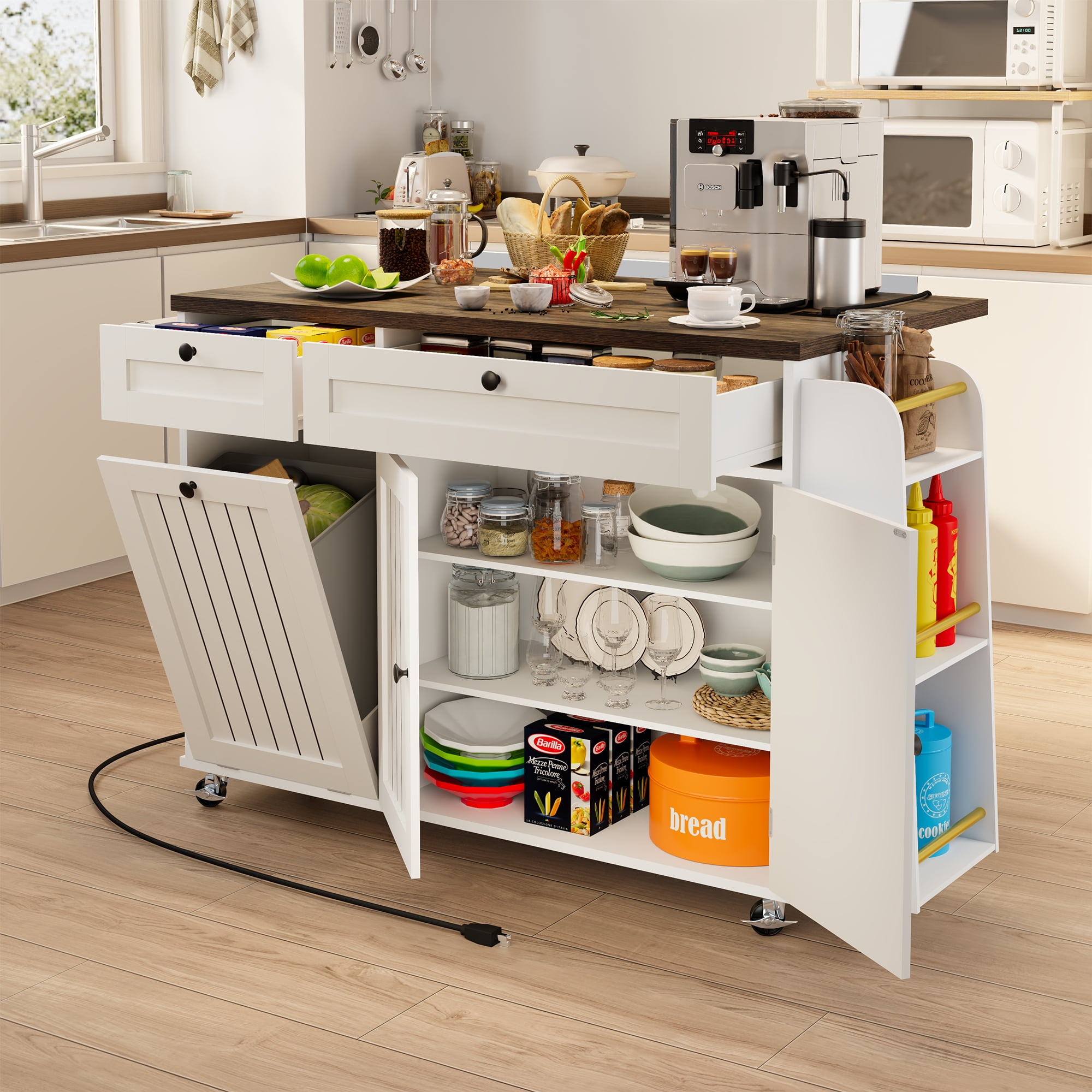 Multifunctional Kitchen Island Cart with Electrical Outlet, Drawers & Wheels – Mobile Storage & Prep Station for Small Spaces, Brown & White