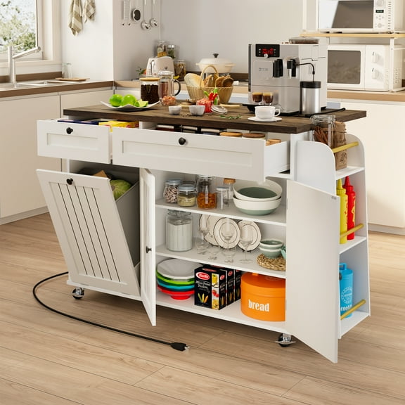 Multifunctional Kitchen Island Cart with Electrical Outlet, Drawers & Wheels Mobile Storage & Prep Station for Small Spaces, Brown & White