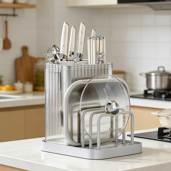Multifunctional Kitchen Knife Holder, Countertop Storage Rack with Drainage Design, Integrated Cutlery Organizer, Stand for Chef & Paring Knives, Space-Saving, Easy Clean Household Accessory, Gray