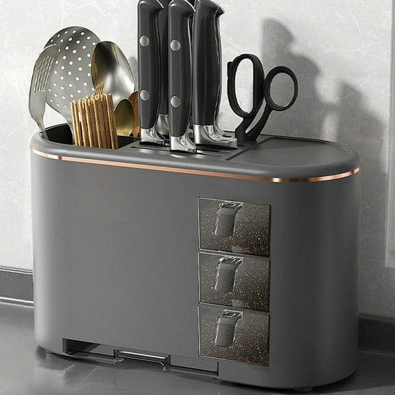 Multifunctional Kitchen Organizer Shelf, Countertop Storage Rack for Spices Chopsticks and Knives, Large Capacity Plastic Holder for Counter and Cabinet(Gray)