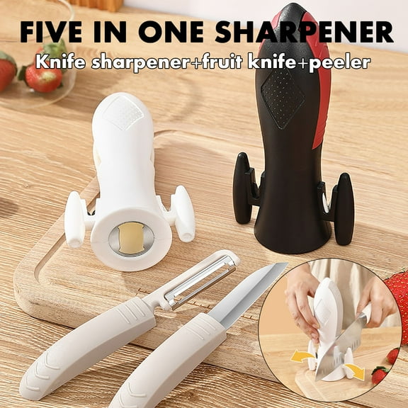 Multifunctional Kitchen Sharpener Set | 5-in-1 Fruit Knife Peeler Can Opener Garlic Grinder Knife Polisher | Tungsten Steel Ceramic | Compact Household Tool | 178g 18.5x8x6.2cm