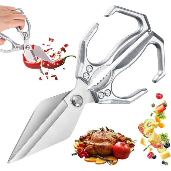 Multifunctional Kitchen Shears, Stainless Steel Kitchen Shear All Purpose for Food, Heavy Duty Poultry Shears, Suitable for Meat, Chicken Bones and Turkey(Silver)