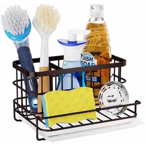 Multifunctional Kitchen Sink Caddy with Removable Drain Tray, Quick Draining Rustproof Sink Organizer, Stainless Steel Kitchen Sponge Holder for Sponge, Cleaning Towel and Scrubber-Bronze