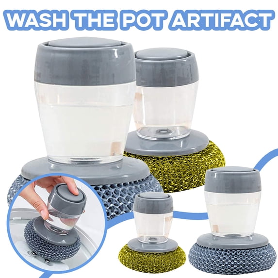 Multifunctional Kitchen Soap Dispensing Palm Brush with Storage Tank, Scrubber Pot Artifact for Dish Pan and Sink Cleaning with Ergonomic Handle Design 2PCS