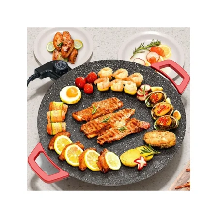 Multifunctional Korean Electric Grill Pan - Medical Stone Non-Stick with 5-Speed Temp Control, Fast Heating & Easy-to-Clean (Red Handle)