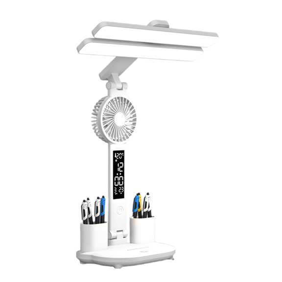 Multifunctional LED Desk Lamp with Cooling Fan Digital Time Temp Display 3 Color Modes Stepless Dimmable Eye-Caring Table Light Foldable Pen Holders USB Type-C