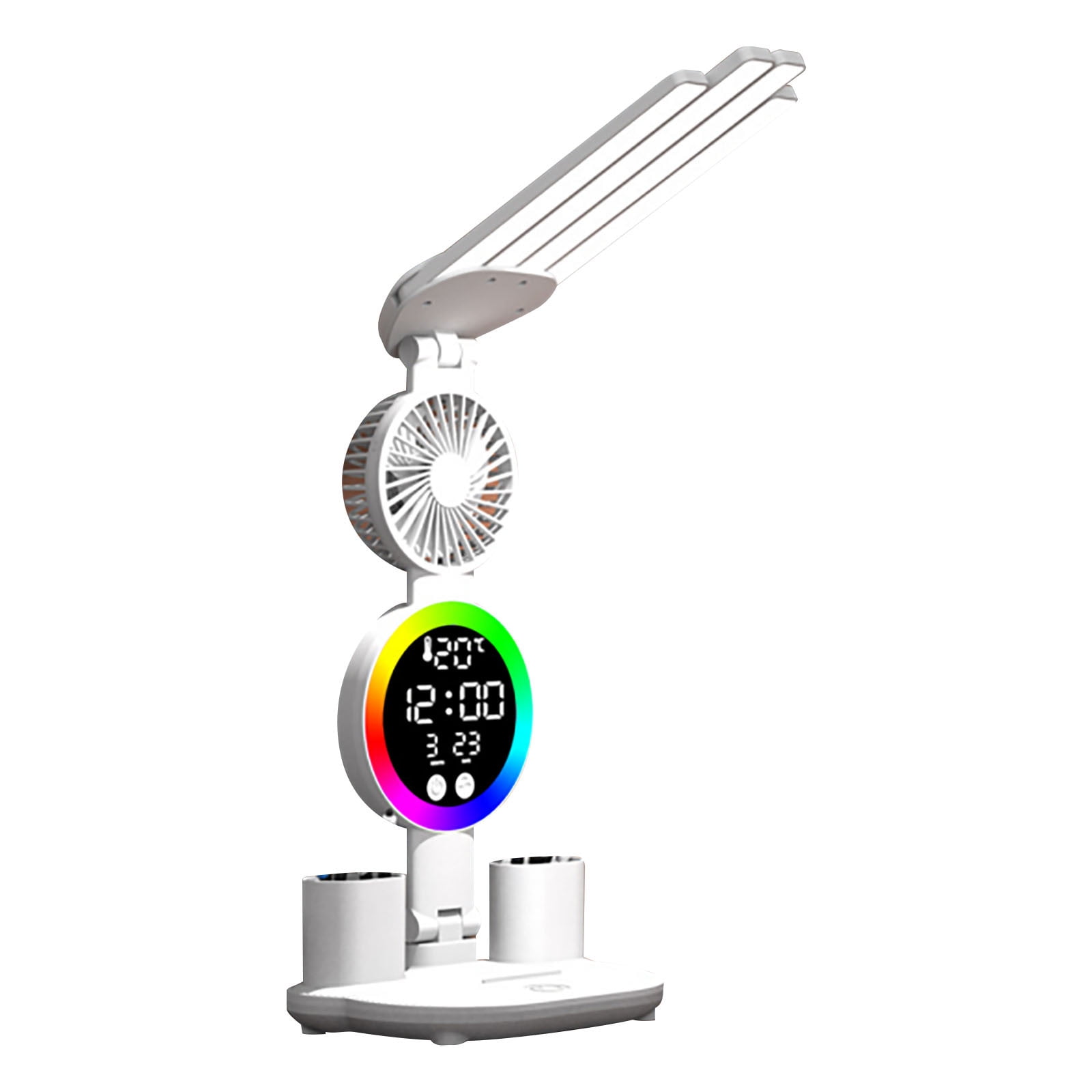 Multifunctional LED Desk Lamp with Fan, Clock, USB Charging, 3 Brightness Levels, Adjustable Foldable Design, Pen Holder, Eye-Caring Light for Study, Office, Dorm