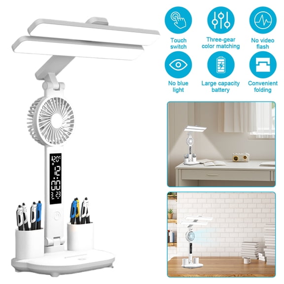 Multifunctional LED Desk Lamp with Fan, USB Rechargeable Eye Care Reading Light Digital Clock, 3 Color Dimmable Foldable Touch Table Lamp Pen Holder for Study Office Bedroom