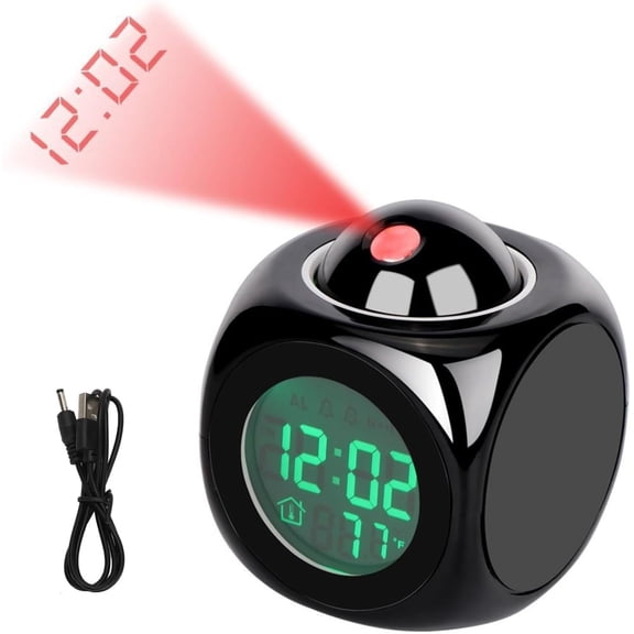 Multifunctional LED Projection Digital Alarm Clock with Voice Time Report, Red Time Projection on Wall Ceiling, Green Backlight LCD Temp Display, Snooze Hourly Chime 5 Alarm Sounds for Bedroom Travel